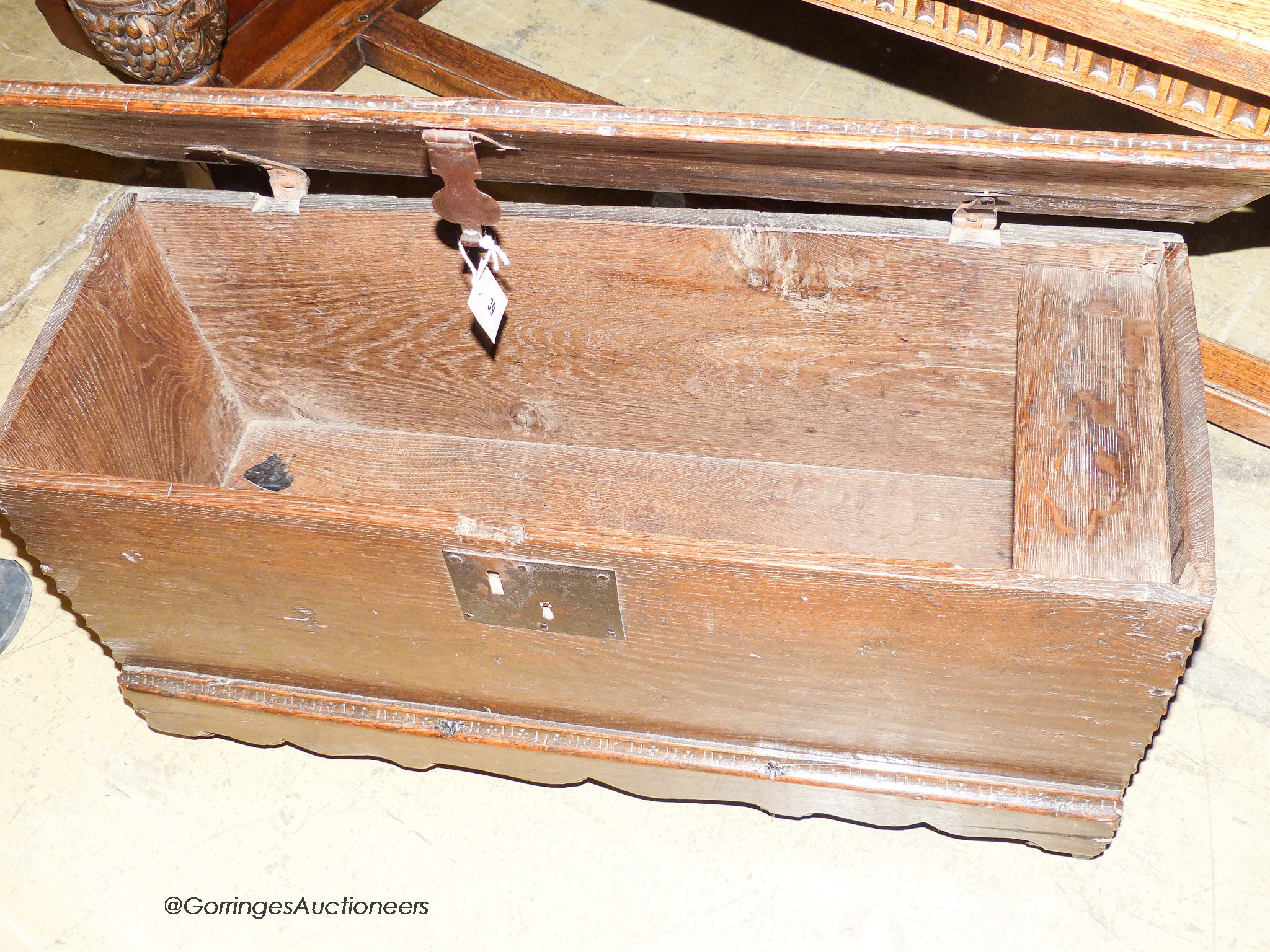 A late 17th / early 18th century small oak six-plank coffer, length 92cm, depth 34cm, height 49cm